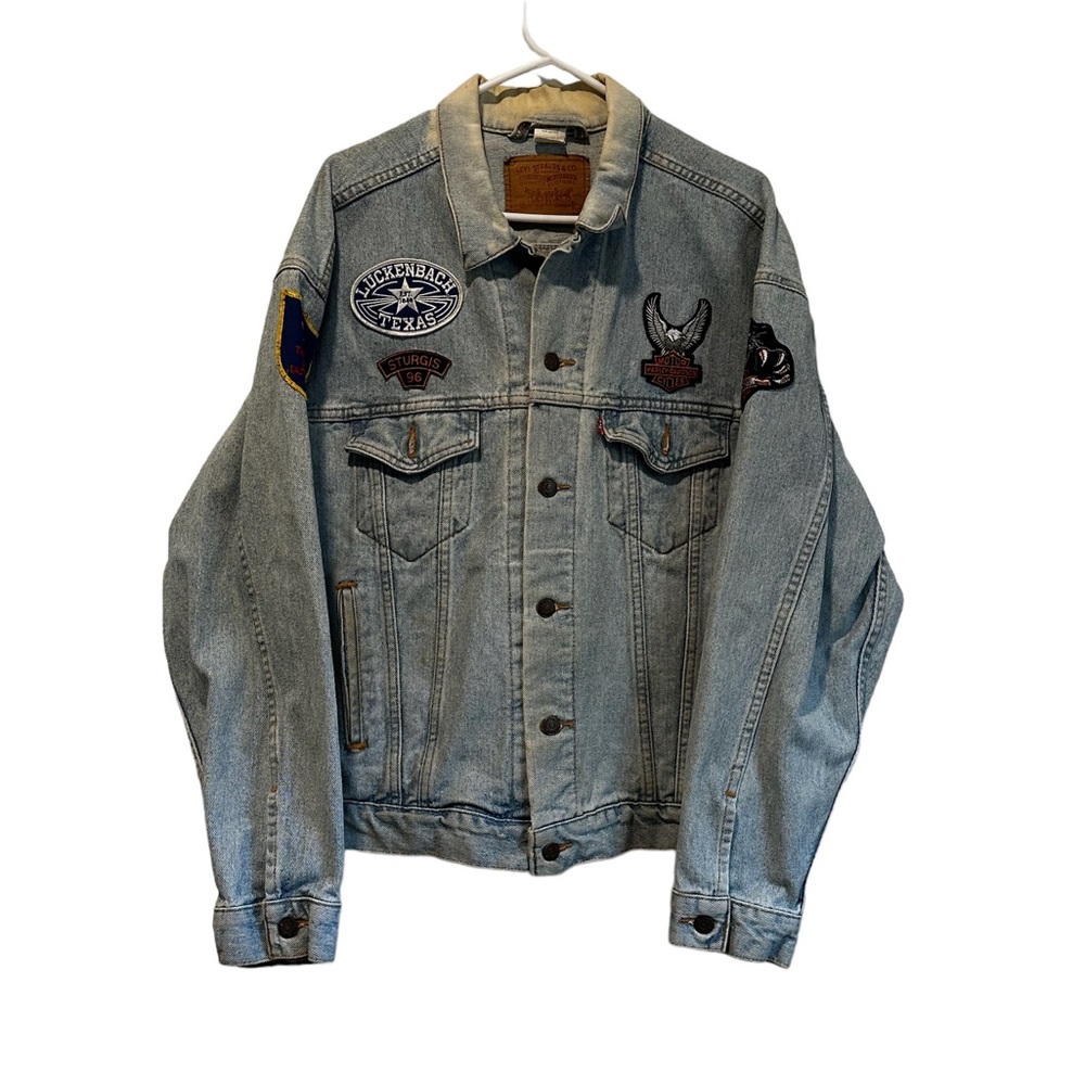 VINTAGE 80s Levi's Denim Jean Jacket Harley-Davidson Patched Made in USA Size L - Picture 2 of 9